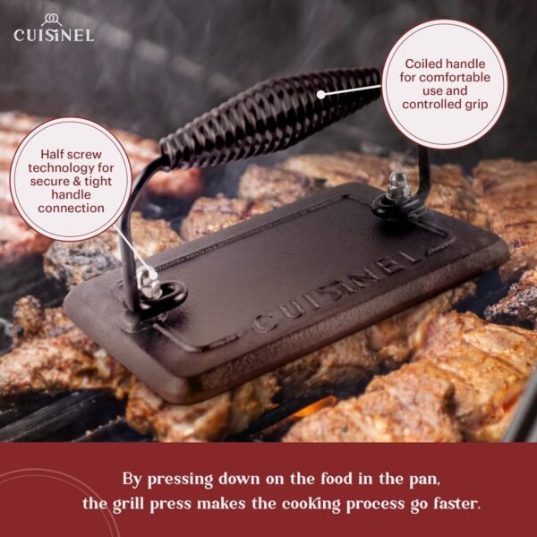 Cuisinel Cast Iron Grill Pan + Rectangular Cast Iron Grill Press + Tempered Glass Lid + Pan Scraper – Pre-Seasoned Ribbed Skillet – 10.5"-Inch Square Grillig Indoor/Outdoor Camping Fire BBQ Cookware - Image 5