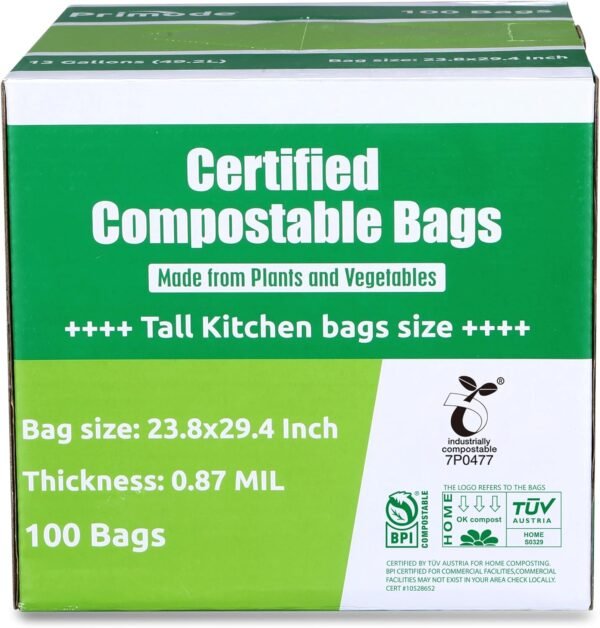Primode Compostable Bags 13 Gallon, Tall Kitchen Trash Bags, 100 Count, Extra Thick 0.87 Mil. ASTMD6400 Food Scrap Yard Waste Compost Bags, Certified by BPI and TÜV AUSTRIA - Image 2