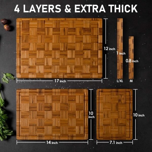 Extra Large Bamboo Cutting Boards, (Set of 3) Chopping Boards with Juice Groove Bamboo Wood Cutting Board Set Butcher Block for Kitchen, End Grain Serving Tray by Kikcoin - Image 2