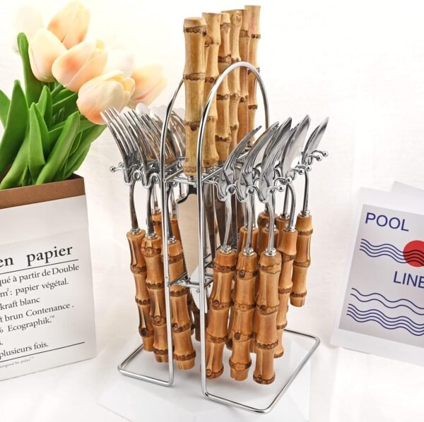 24-Piece Bamboo Flatware Set, Silver Stainless Steel Tableware Set With Cutlery Holder, Kitchen Utensils For Home And Restaurant Daily Use, Mirror Polish, Service For 6 - Image 2
