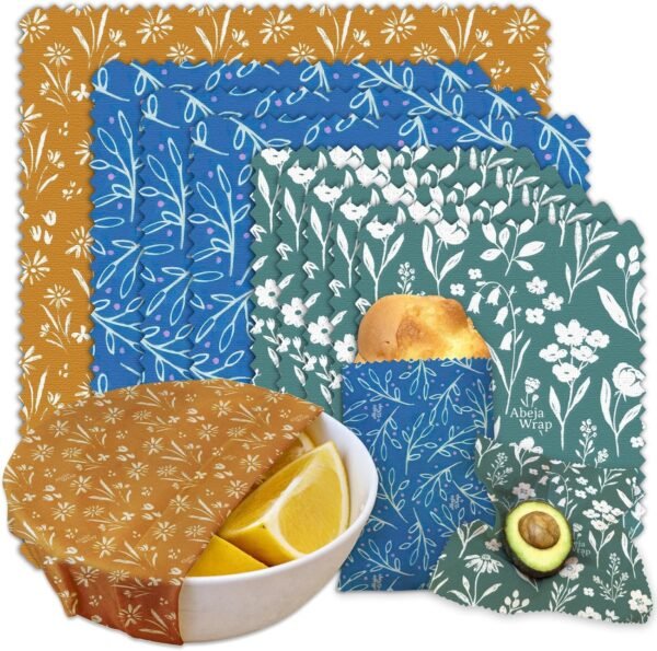 Beeswax Food Wrap, Reusable Beeswax Food Wrap Set 9-Pack (5S 3M 1L) Organic Beeswax Wraps Reusable Sustainable Storage/Flowers Grass