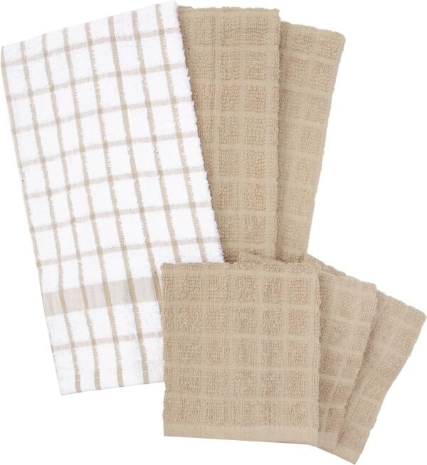 Ritz Premium Kitchen Towel and Dish Cloth Value Set: Highly Absorbent, Super Soft, Long-Lasting, 100% Cotton Checked and Solid Hand Towels, Tea Towels, Bar Towels - 6 Pack, Putty - Image 2