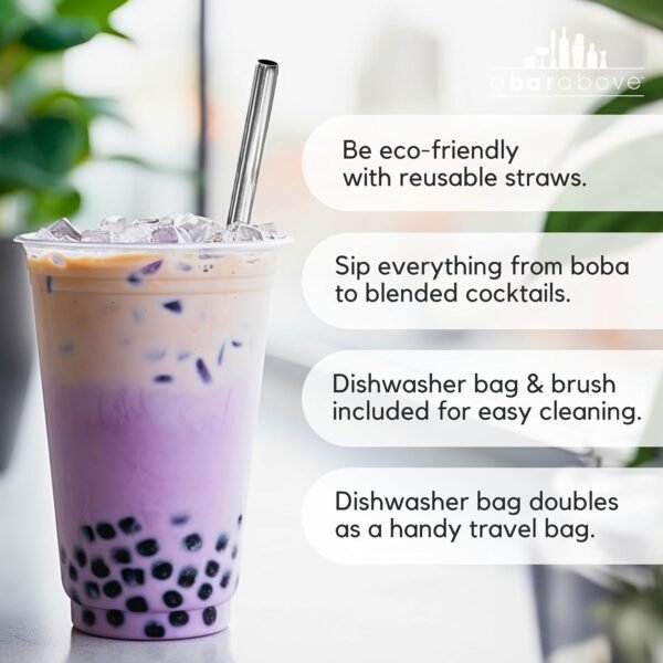 A Bar Above Stainless Steel Straws for Frozen Drinks & Boba Tea – 6 Short & 6 Long Metal Straws Reusable Set w/Straw Cleaner Brush – Reusable Straws for Drinking & Stirring – Cocktail Straws - Image 3