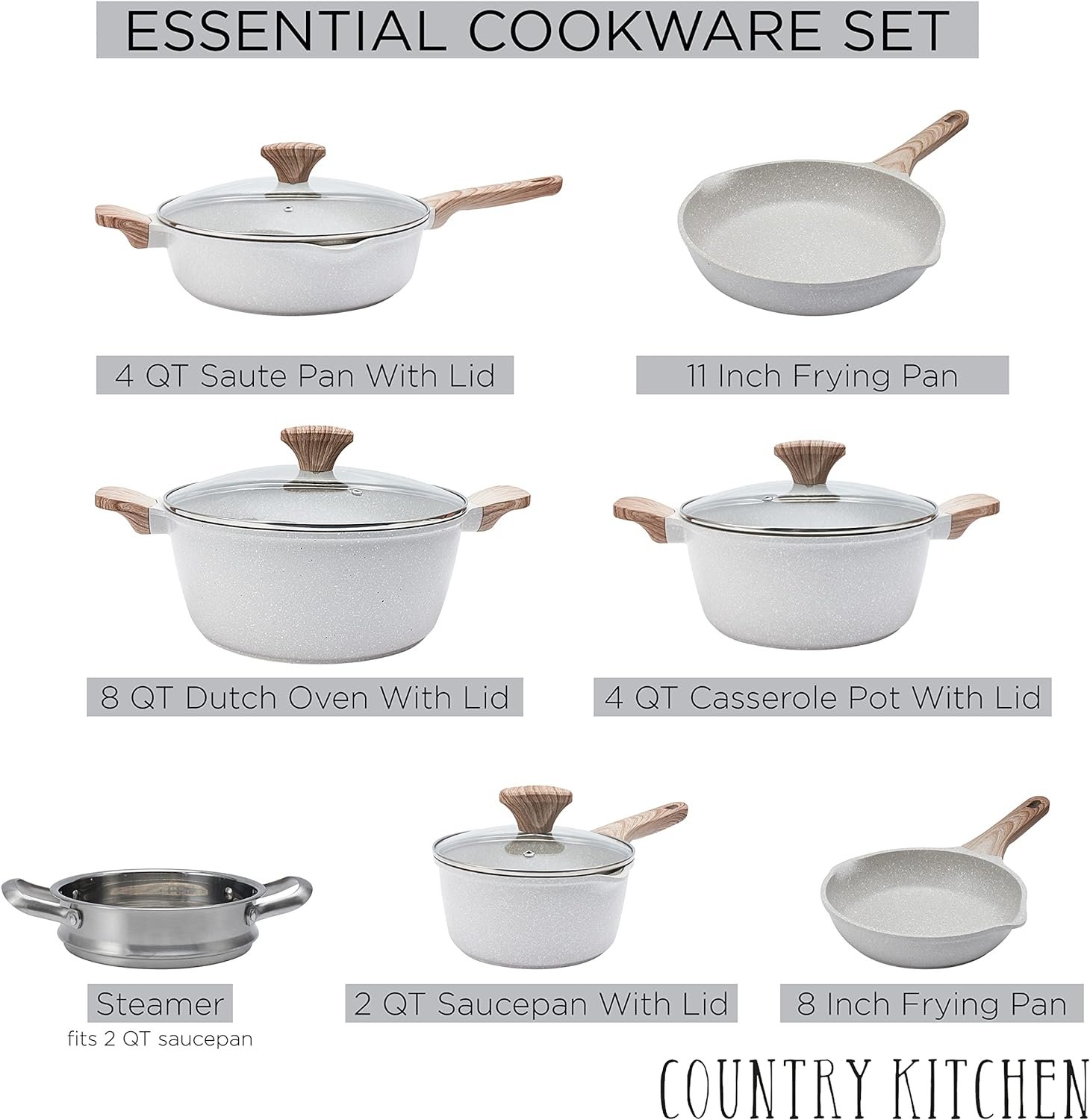 Country Kitchen Non-Stick Cast Aluminum Cookware Set - Durable Kitchen Cookware for Everyday Cooking, Cream, 11 Pc. - Image 3