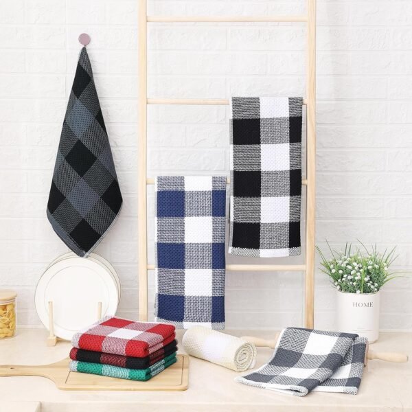 Homaxy 100% Cotton Waffle Weave Check Plaid Kitchen Towels, 13 x 28 Inches, Super Soft and Absorbent Dish Towels for Drying Dishes, 4-Pack, White & Black - Image 6