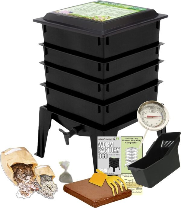 Worm Factory® 360 Black US Made Composting System for Recycling Food Waste at Home – 4 Trays for Efficient Vermicomposting – Durable, Space-Efficient Design, Easy to Assemble, No Odor
