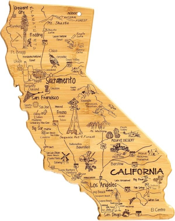 Totally Bamboo Destination California State Shaped Serving and Cutting Board, Includes Hang Tie for Wall Display