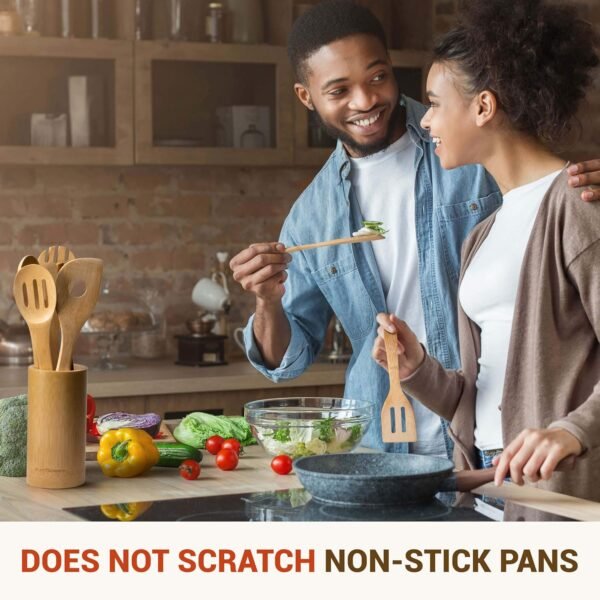 Wooden Bamboo Cooking Utensils Set - 8pcs Kitchen Utensil Set with Holder - Wooden Spoons for Cooking & Nonstick Cookware - Easy to Clean - Great Gift for Friends & Family - Image 5