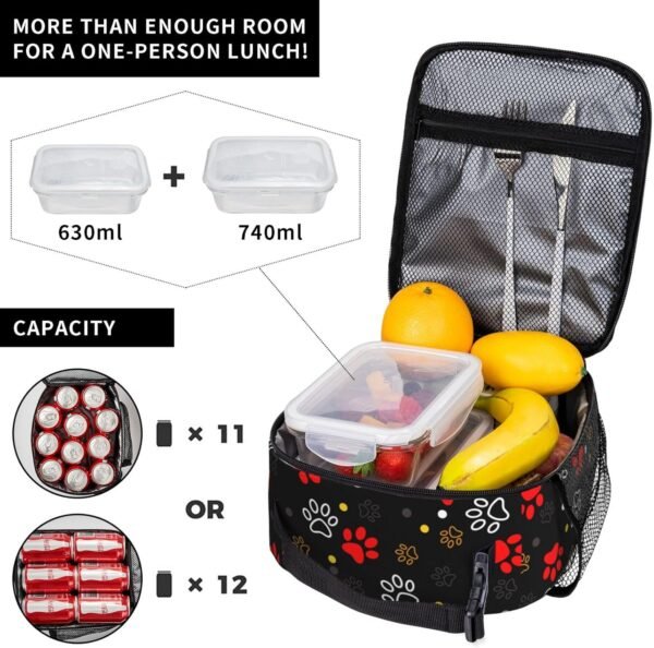 Cute Animal Dog Paw Print Insulated Lunch Bag Reusable Lunchbox Leakproof Portable Box for Women Men with Handle and Bottle Pocket for Work Picnic Camping - Image 2