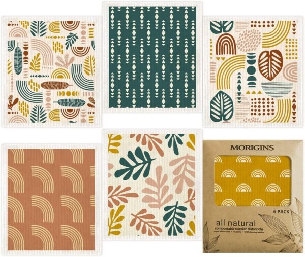 Morigins Swedish Dishcloths for Kitchen,6 Pack Minimalist Swedish Dish Towels,Cellulose Sponge Cloths,Non Scratch Reusable Paper Towels, Biodegradable and Reusable Kitchen Dish Rags
