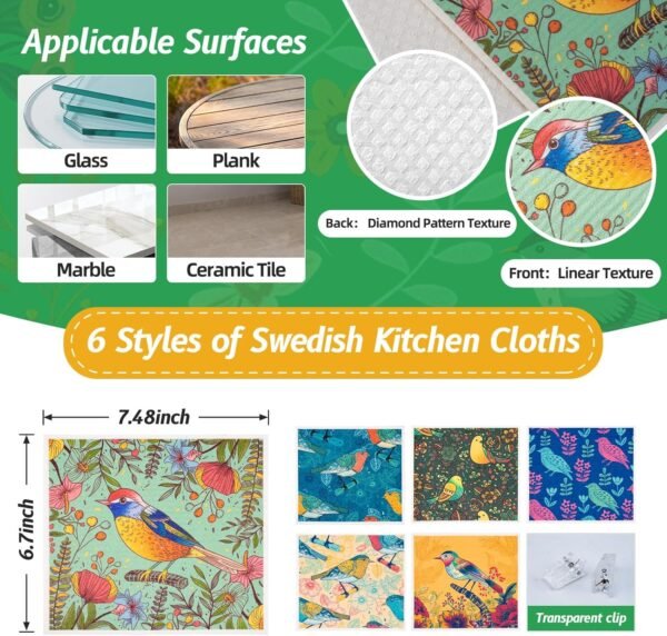 6 Pack Swedish Dishcloths for Kitchen, Absorbent & Quick Drying Sponge Cleaning Cloths Set, Reusable Decorative Tea Towel, Biodegradable No Fading No Odor Bar Hand Towel (2 Clips - Image 2