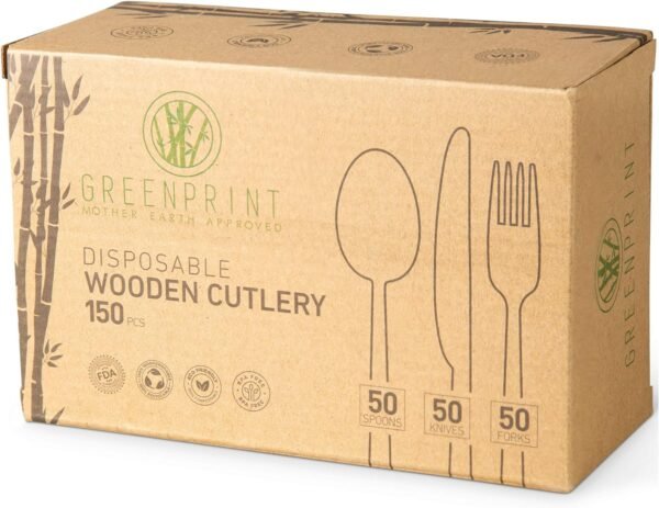 Disposable Wooden Cutlery Sets - 150 Piece Total: 50 Forks, 50 Spoons, 50 Knives, 6 Inch Length Ecological Biodegradable Compostable Wooden Utensils Wooden Cutlery