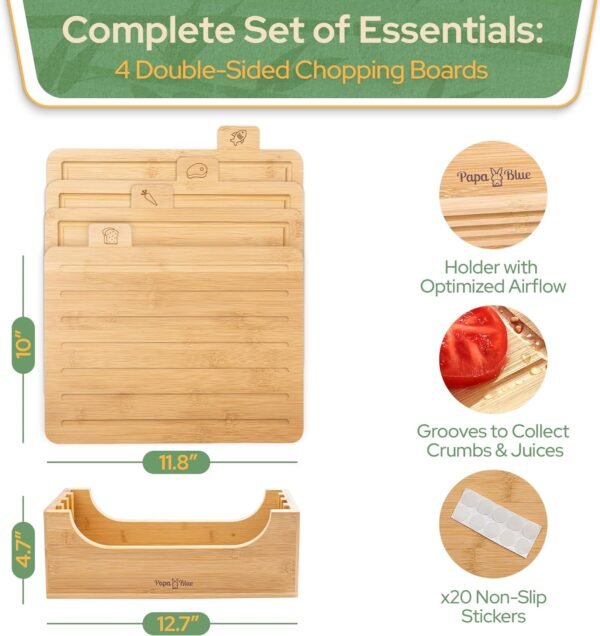 Bamboo Cutting Board Set of 4 - Wood Cutting Board Set with Holder - Bamboo Cutting Boards for Kitchen with Labeled Food Icon - Chopping Board Set With Stand - Includes Bread Board and Juice Groove - Image 3