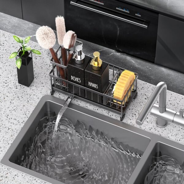 Cisily Kitchen Soap Dispenser Set with Sink Caddy and 12 Oz Glass Bottle, Stainless Steel Kitchen Sink Organizer Countertop, Hand and Dish Soap Dispenser Set, Kitchen Organizers and Storage Essentials - Image 6