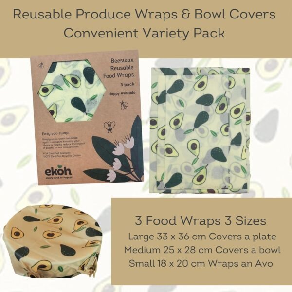 EKOH Honey Bee Wraps, Reusable Beeswax Food Wraps, Eco Friendly Beeswax Food Wrap, Sustainable Food Storage, Organic Cotton Food Wraps, Assorted 3 Pack (S, M, L), (Avocardo) - Image 6