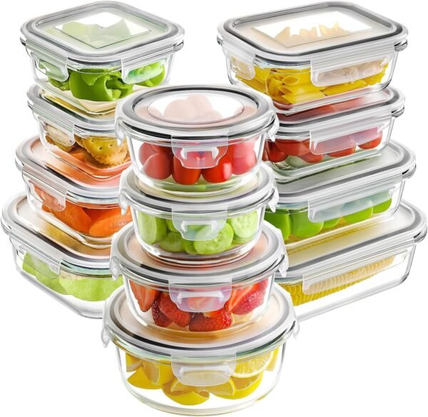 HOMBERKING 24pc Glass Food Storage Containers with Lids, Glass Meal Prep Containers, Airtight Glass Bento Boxes, BPA Free & Leak Proof, Pantry Kitchen Storage(12 lids & 12 Containers) - Gray