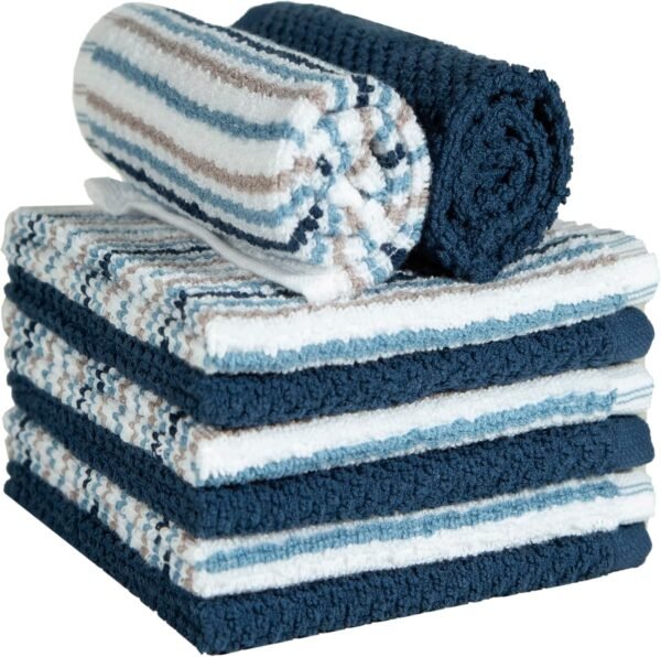 Bumble Premium Dish Cloths Towel 12"x12" | 100% Natural Ring Spun Cotton Tea Towel Set | 430 GSM | Highly Absorbent & Soft Dish Towels | 8 Pack - 4 Popcorn Striped & 4 Solid Kitchen Towels - Blue - Image 4