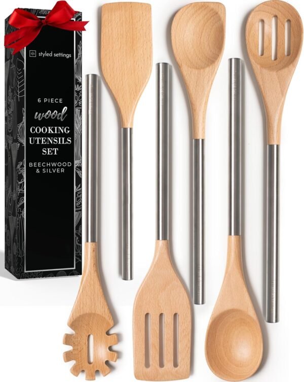 STYLED SETTINGS Wood Cooking Utensils Set with Stainless Steel Handles – 6-PC Durable Wooden Utensils for Cooking, Serving, & Mixing – Kitchen Utensils Set for Nonstick Cookware, Great for Gifting
