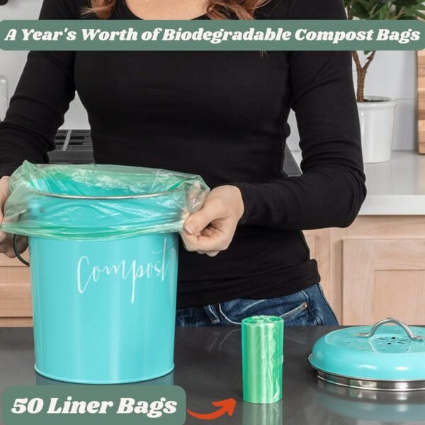 Compost Tumbler, Teal Kitchen Compost Bin Countertop, Indoor Compost Bin Kitchen, Compost Bucket Kitchen, Compost Bins, Compost Caddy, Counter Food Composter for Kitchen, Turquoise Compost Pail - Image 2