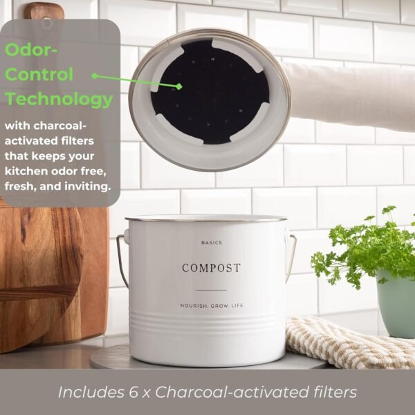 D'Lifeful Kitchen Compost Bin - 1.3 Gallon Countertop Compost Bin with Lid - Farmhouse Kitchen Composter with 6 Smell-Absorbing Charcoal Filters - Eco-Conscious and Easy to Clean Compost Bucket -White - Image 4