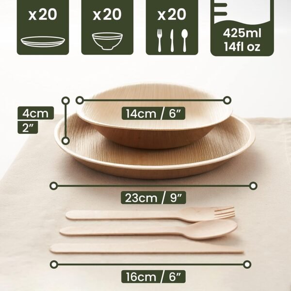 100 Pack Palm Leaf Plates Party Tableware for 20 Guests | 20 Round Plates 9" + 20 Bowls 16oz + 60 Wooden Bamboo Cutlery (Forks Spoons Knives) | Better than Disposable Bamboo Plates & Plastic - Image 5