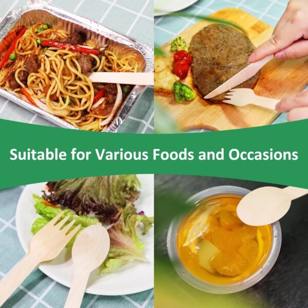 Wooden Cutlery Set - 300 Pieces (100 Wooden Spoons, 100 Forks, 100 Knives) - 100% Compostable Utensils Disposable Wooden Cutlery Spoons and Forks Set Eco Friendly Wooden Kitchen Utensil Set - Image 3