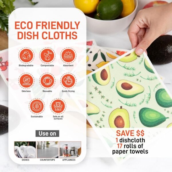 5 Pack Natural Highly Absorbent Eco Friendly Sustainable Biodegradable Swedish Dishcloth Sponge Reusable Paper Towels. Assorted Fruit Designs are NOT Edible! - Image 2