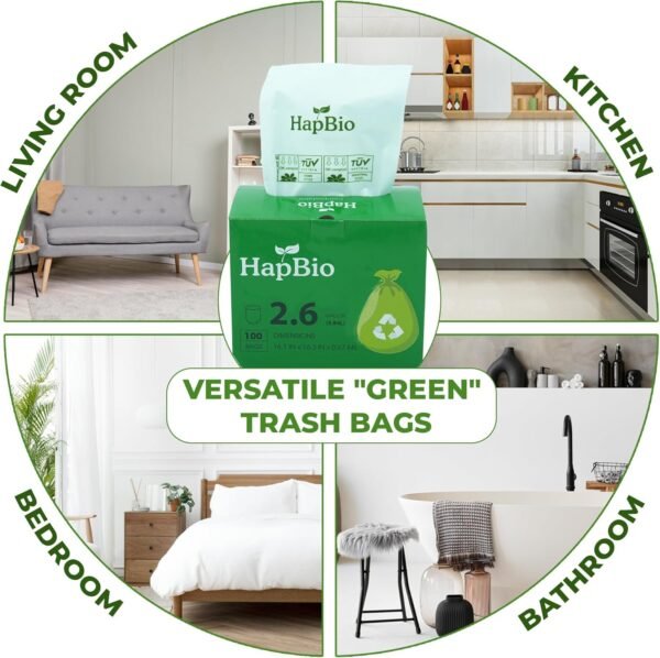 HAPBIO 2.6 Gallon Compostable Trash Bags, 100 Count/Roll, 0.67 Mils, Pack 1, Unscented, Small Trash Bags, BPI OK Compost Home, Recycle Food Scrap Waste Bags for Countertop Bin, Kitchen - Image 7