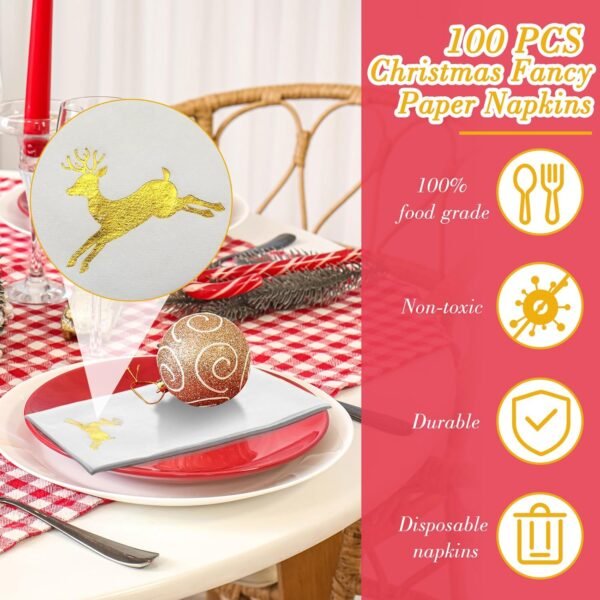 Janlaugh 100 Pcs Christmas Disposable Hand Towels Foil Stamped Paper Guest Towels Napkins Christmas Tree and Elk Linen Hand Towel for Party Lunch Dinner Kitchen Bathroom(Gold,Elk) - Image 3