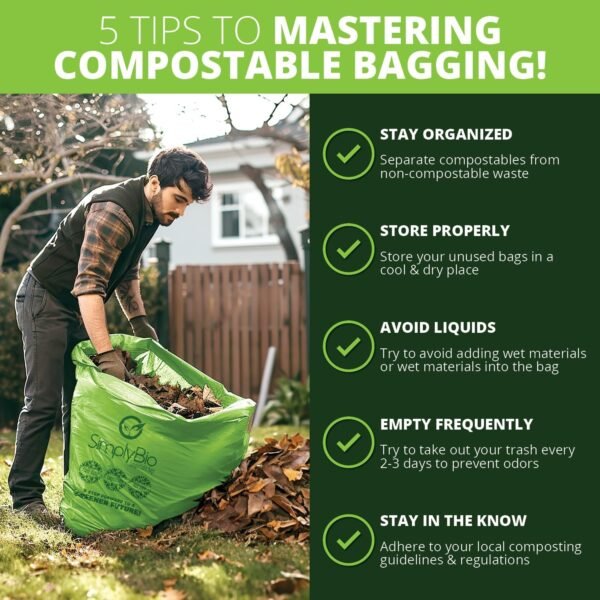 55 Gallon Compostable Trash Bags Flat-Top, Heavy Duty Extra Thick 1.57 Mil, 208.2 Liter, 12 Bags, Large Lawn and Yard Waste Bag, ASTM D6400, US BPI and OK Compost Home Certified - Image 7