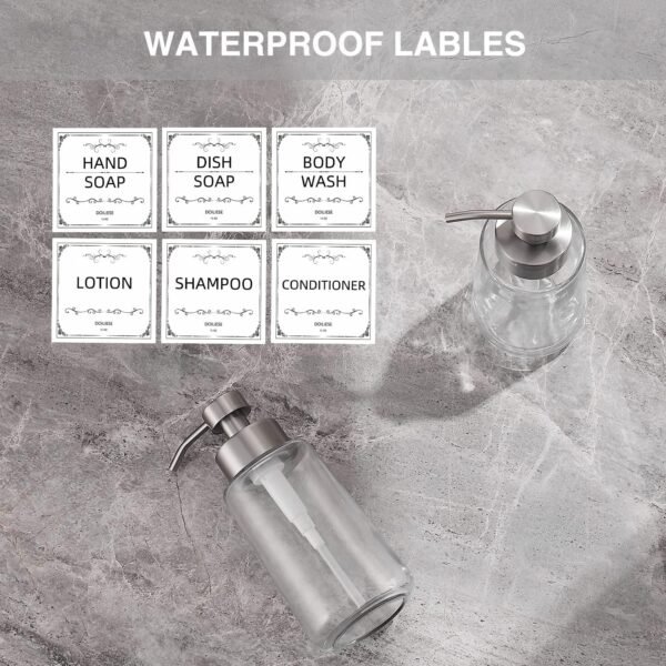 Doiliese Soap Dispenser, Glass Hand Soap Dispenser with Rust Proof Pump, 17oz Liquid Soap Dispenser with Waterproof Labels, Dish & Hand Soap Dispenser for Bathroom, Kitchen, Brushed Nickel, Pack of 2 - Image 7