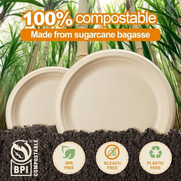 Paper Plates, Compostable Heavy Duty Disposable 9 Inch Plates - Eco-Friendly, Biodegradable Sugarcane Bagasse, Natural Unbleached Brown 9" Dinner Paper Plate Disposable (9inc-300Pack) - Image 2