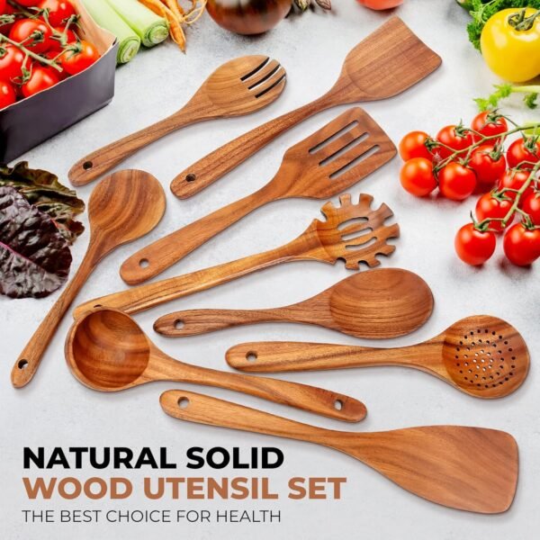 9 Piece Wooden Kitchen Utensils Set, Smooth Finished Wooden Spoons for Cooking, Natural Teak Cooking Utensil Set - Comfortable Grip, Durable & Sturdy - Image 4