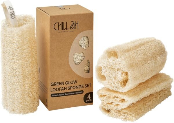 Chill Ah Green Glow Loofah Sponge Set – 100% Plant-Based, dye-Free, Biodegradable, Scratch-Free, Handcrafted in Vietnam (4-Pack)