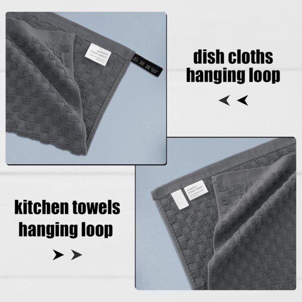 Fintale 100% Cotton Kitchen Towels and Dishcloths Set, 12 x 12 & 15 x 25 Inches, Set of 8 Bulk Super Soft and Absorbent Terry Cloth Dish Towels, Quick Drying Hand Towels with Hanging Loop, Dark Grey - Image 3