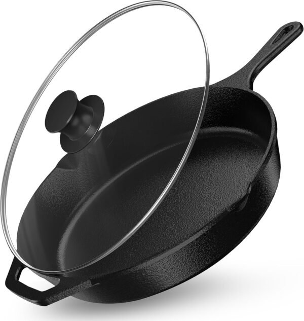 Utopia Kitchen 12 inch Saute Fry Pan Pre-Seasoned Cast Iron Skillet With Lid, Frying Pan, Cast Iron Pan, Safe Grill Cookware for Indoor & Outdoor Use - Black