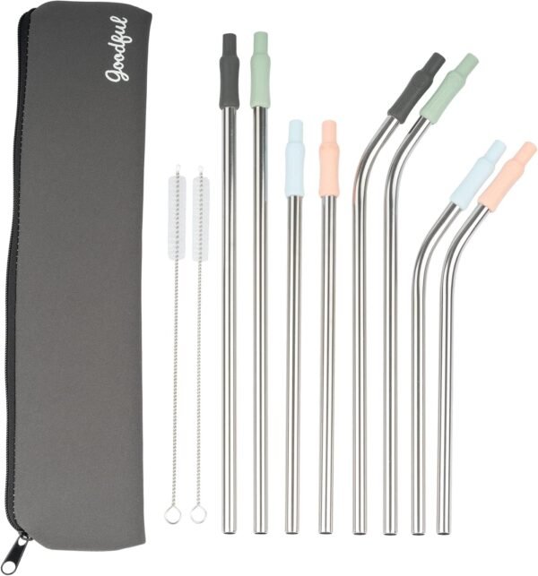 Goodful 8 Piece Variety Pack Reusable Travel Stainless Steel Straw Set, Travel Case, Cleaning Brushes, Removeable Silicone Tips, Multi Color