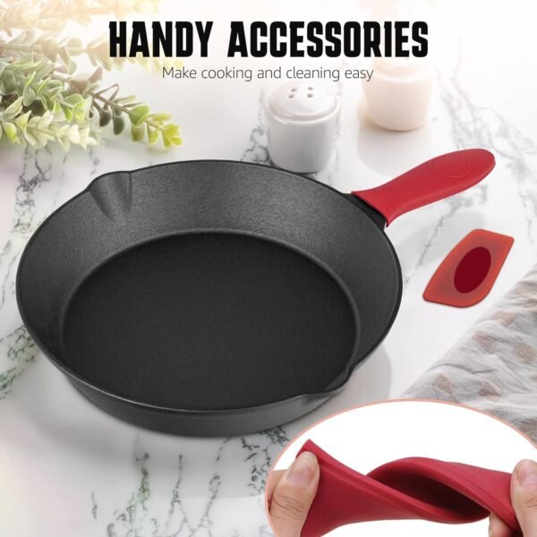 Cast Iron Skillet 3-Piece Set - Professional Pre-Seasoned Heavy-Duty Pan Cookware - 10 Inch, 8 Inch, 6 Inch Pans with Scraper & Handle Sleeve for Frying, Sautéing, Cooking, Baking - Image 6