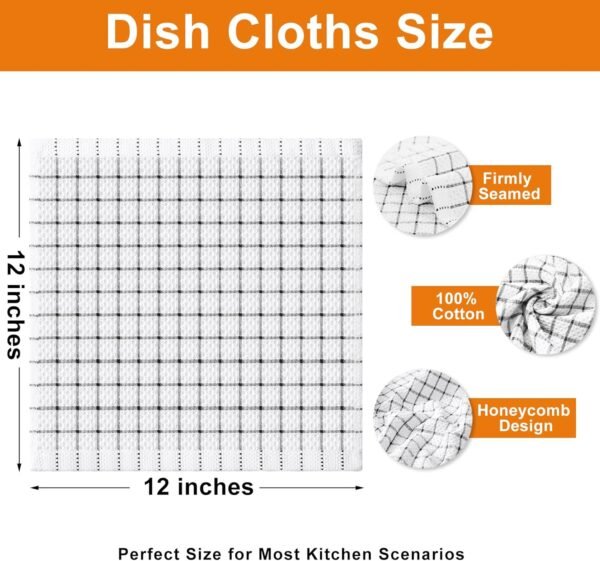 Fintale 100% Cotton Dish Cloths - Soft, Super Absorbent and No Lint Dish Towels for Kitchen - Good for Drying and Washing Dishes - 6 Pack (Lattice Designed, Black) - 12 x 12 Inches - Image 2