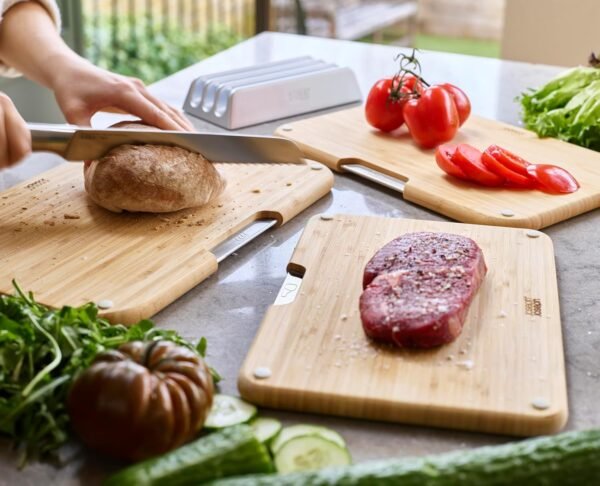 Joseph Joseph Nest™ Boards 3-Piece Bamboo Cutting Board Set, Double-Sided, Non-Slip Feet, Stainless-Steel Tabs, Food Icons, Metal Stand - Image 5