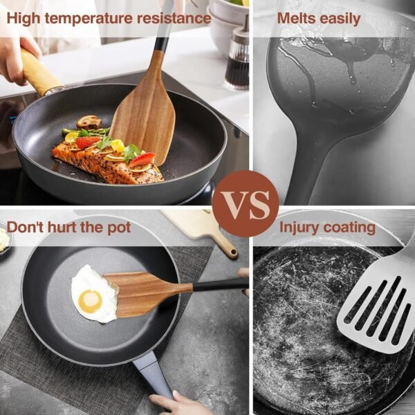 Wooden Spoons For Cooking, 6 PCS Natural Acacia Wooden Cooking Utensils or Non-Stick Wooden Kitchen Utensil Set for Kitchen Essentials, Smooth Grip Wooden Cooking Spoons with Hanging Hole, Black - Image 3