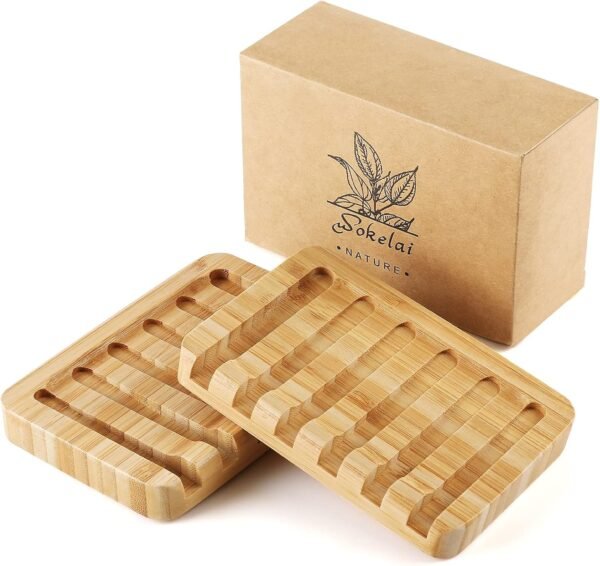 Shampoo Bar Holder Bamboo Soap Dish for Shower Wood Soap Dishes Wooden Soap Saver Tray Stand Self Draining Travel Soap Container Case for Bathroom Kitchen Bath Tub Razor Sponges, Waterfall Drain 2 PCS