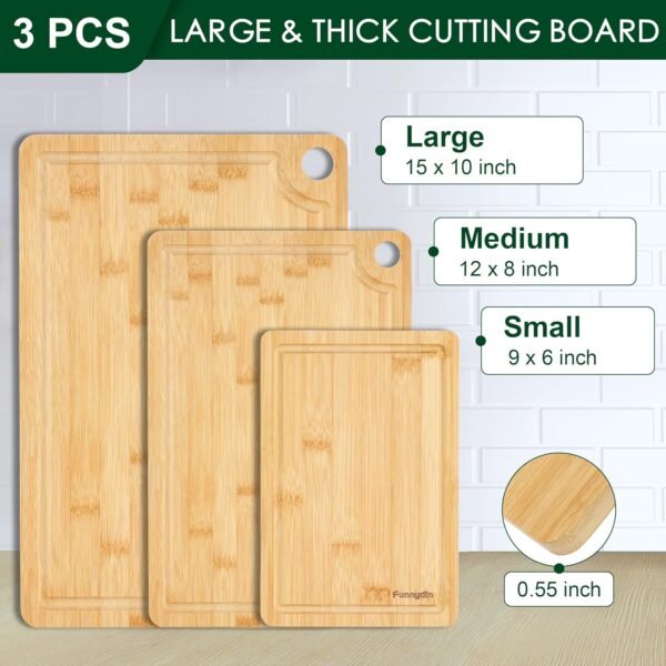 Organic Bamboo Cutting Board Set of 3, Large Wooden Cutting Boards for Kitchen, Wood Cutting Board with Juice Grooves, Side Handles and Hanging Holes, Reversible Chopping Board - Pre Oiled - Image 2