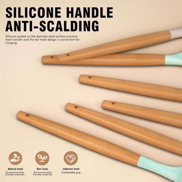 Silicone Cooking Utensils Set - Silicone Kitchen Utensils for Cooking Wooden Handles, 446°F Heat Resistant Kitchen Utensil Spatula Sets w Holder, Gadgets for Non-Stick Cookware BPA FREE (Multicolour) - Image 3
