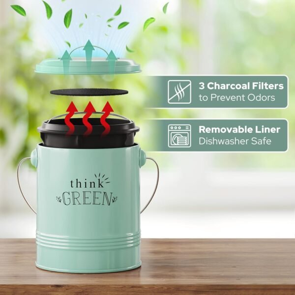 Barnyard Designs Compost Bin for Kitchen Counter - 1.2 Gallon Countertop Composter with Extra Smell-Absorbing Filters and Inner Bucket for Easy Cleaning - Food Waste Bin for Kitchen with Lid (Mint) - Image 2