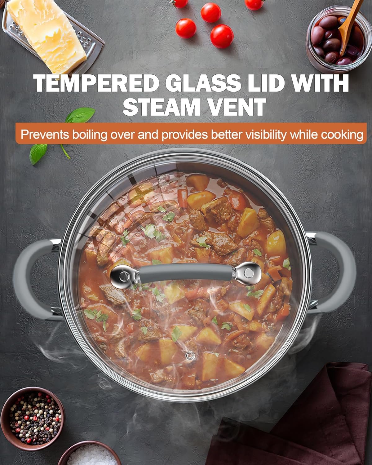 Cook N Home Cookware Basic Pots and Pans, 12 Piece set, Stainless Steel Grey Silicone Handle - Image 4