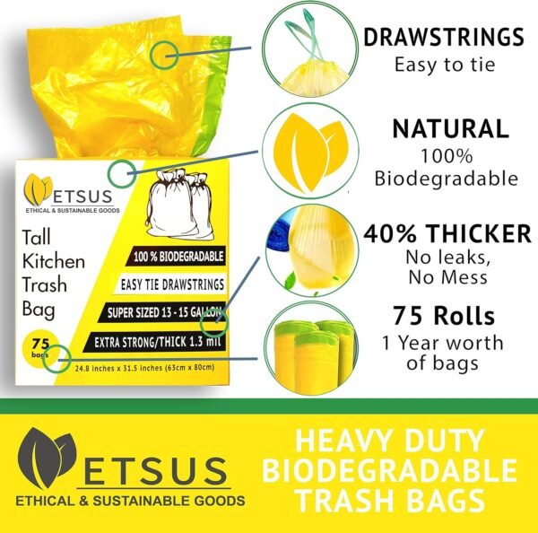 Biodegradable Trash Bags for 13 Gallon | 50 Liter Bin, Plant Based - 75 Count, Tall Kitchen Compost Bags with Drawstrings - Green Garbage Bags - 1.3 mil Thick Heavy Duty and Eco Friendly Trash Bags - Image 5
