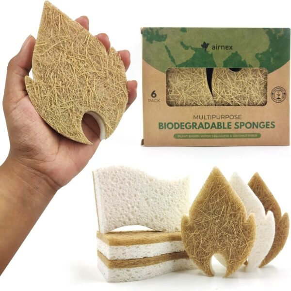 Biodegradable Natural Dish Sponges Kitchen Pack of 6 - Leaf and S-Shaped Coconut and Cellulose Sponges for Dishes and Surfaces - Eco Friendly Non-Scratch Heavy Duty Dish Scrubber Sponges Bulk