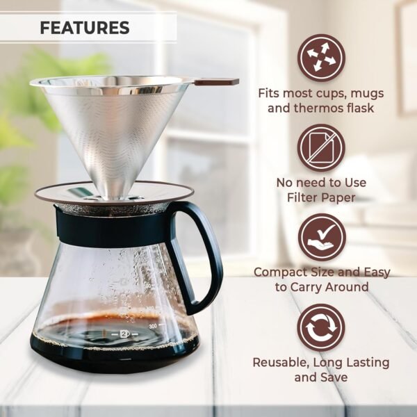 Pour Over Coffee Dripper | Reusable Cone Coffee Filters | Stainless Steel Coffee Filter | Fine Mesh Double Layer | Paperless Pour Over Coffee Maker 2-3 Cups | 15ml Coffee Bean Spoon - Image 4