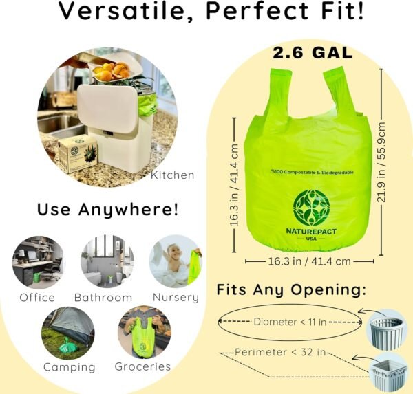 Extra Thick 1 MIL Compostable Trash Bags with Handles, 2.6 Gallon - Heavy Duty, Ultra Durable, Leak Proof, Kitchen Compost Bin Compatible, 50 Count, Handle-Tie - Image 5